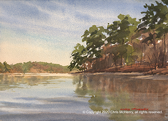 plein air watercolor painting looking towards Garvan Gardens, Lake Hamilton, Hot Springs, Arkansas by Hot Springs artist Chris McHenry