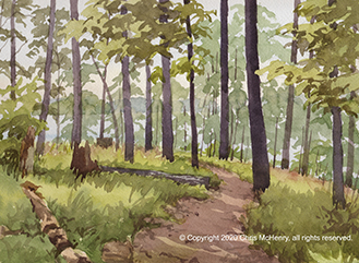 plein air watercolor painting of Electric Island, Lake Hamilton, Hot Springs, Arkansas by Hot Springs artist Chris McHenry